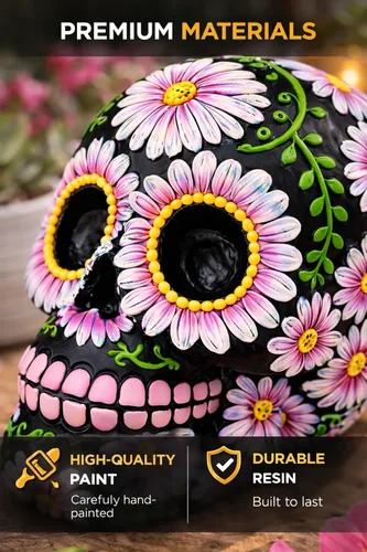 Vista 6 de Banco de monedas con diseño floral de calavera de azúcar negra y rosa de 5 pulgadas