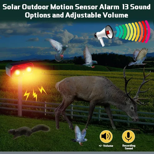 Vista 4 de Qualirey - 2 unidades de alarma solar con sensor de movimiento para exteriores con estaca disuasorio de animales, sensor de ladridos de perro, 13