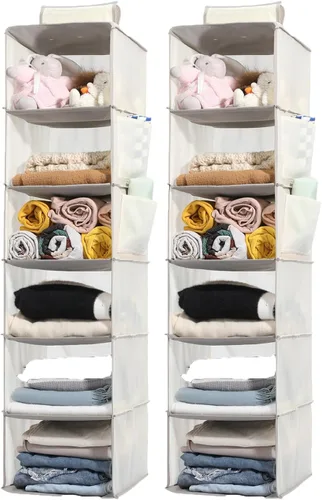 Vista 9 de 2 Packs Hanging Closet Organizer Storage, 3-Shelf Hanging Shelves for Closet, Closet Clothes Organizer and Storage with Side Pocket, Beige