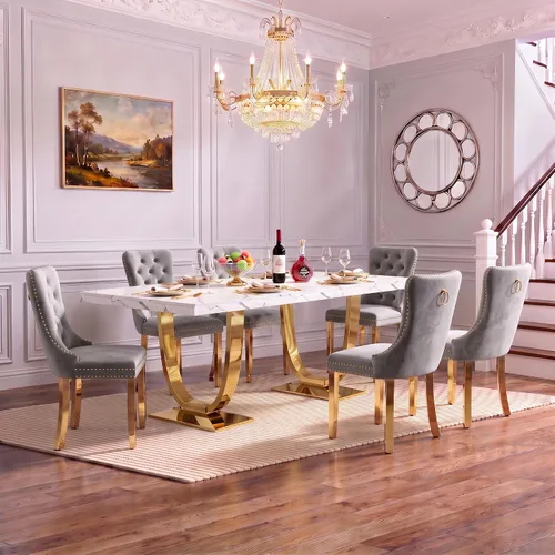 Vista 8 de Henf Mesa de comedor rectangular de mármol sintético blanco de 70 pulgadas Blanco & Oro