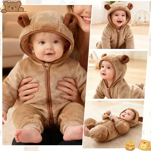 Vista 6 de Fairy Baby Newborn Baby Bear Outfit Suit Thin Fleece Jumpsuit Romper Hooded Winter Clothes Snowsuit Coat Infant Girls Boys