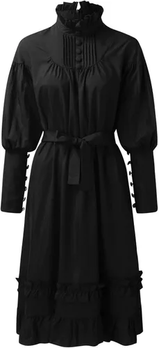 Vista 4 de Vestido gótico negro para mujer, vestido Lolita de manga abombada, vestido victoriano corto con volantes, vestido de té renacentista