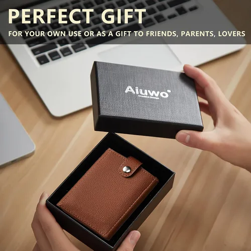 Vista 6 de Aiuwo Cartera para hombre, triple y duradera con ventana de identificación, cartera de cuero de gran capacidad con caja de regalo, C-Lychee