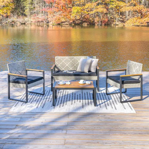 Vista 5 de JONATHAN Y Wilder - Juego de patio al aire libre de 4 piezas, color blanco lavado PE Rattan Woven Conversation Seating, Acacia Wood Table, Black