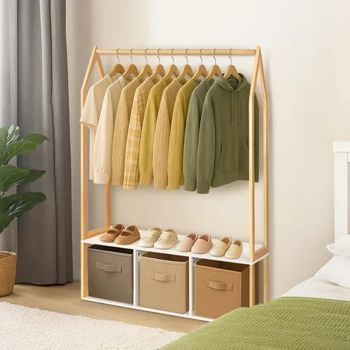 Vista 5 de Perchero de madera con almacenamiento, estantes de ropa independientes para colgar ropa perchero para dormitorio, entrada, sala de estar