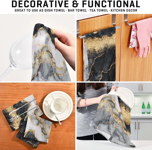 Vista 7 de Bolaz Juego de 4 toallas de cocina de mármol negro dorado ultra absorbente, secado rápido, paños de cocina de 28 x 18 pulgadas para cocinar