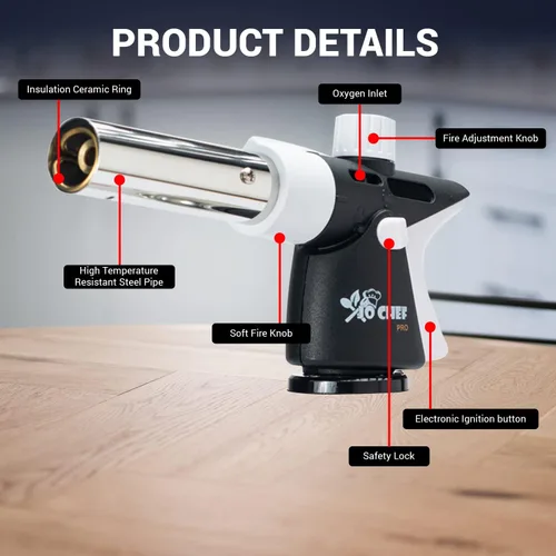 Vista 7 de Jo Chef Linterna de cocina de butano profesional, encendedor de llama ajustable recargable con bloqueo de seguridad para barbacoa, hornear, crema