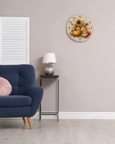 Vista 4 de Reloj de pared silencioso de PVC de 10 pulgadas, redondo, con girasol, calabaza, otoño, Acción de Gracias, reloj colgante para cocina, sin tictac
