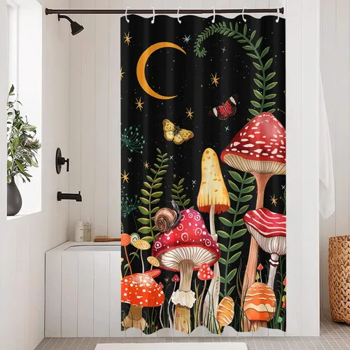 Vista 2 de Juego de cortinas de ducha con diseño de hongos y mariposas florales negras y rojas, tela impermeable, cortinas de ducha para baño, decoración