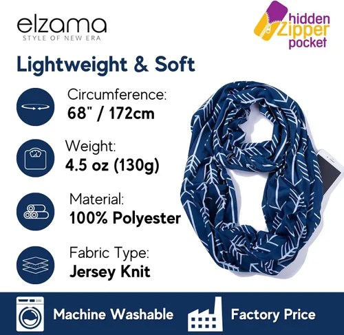 Vista 5 de elzama Infinity Loop Jersey Scarf with Hidden Zipper Pocket Printed Patterns for Women - Travel Wrap for Fall Winter