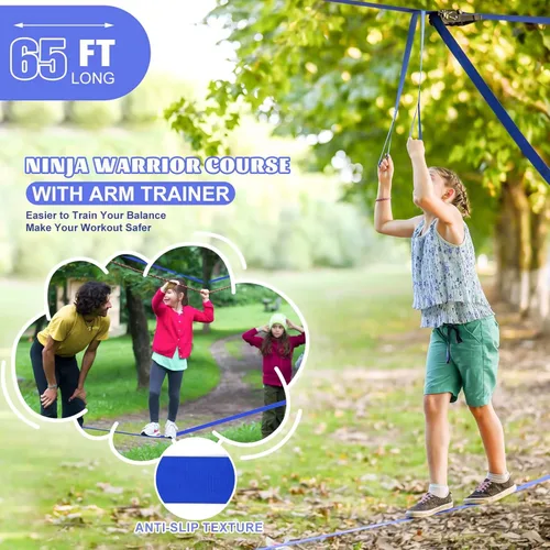 Vista 6 de Ninja Warrior - Carrera de obstáculos para patio trasero de niños, kit de línea floja de 65 pies con 13 obstáculos, hebillas de instalación rápida