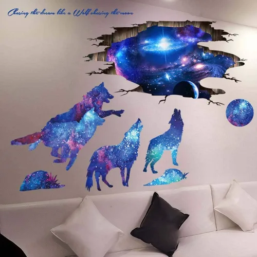 Vista 5 de Calcomanías de pared 3D de PVC, diseño mágico 3D de cielo estrellado estrellado, lobo y luna, para pared, de la vía láctea, espacio exterior