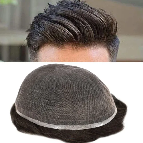 Vista 55 de Completo suizo encaje tupé para hombres pieza de pelo real sistema de reemplazo de cabello humano para hombres Toupee Hairpieces para hombres 7x9