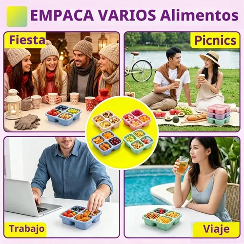 Vista 7 de Cididu Paquete de 8 cajas de almuerzo para aperitivos, 4 compartimentos, contenedor de almacenamiento de alimentos dividido reutilizable apilable