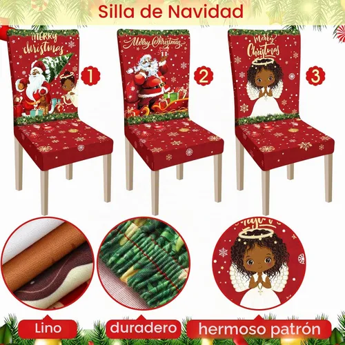 Vista 5 de Ganeen 6 piezas de fundas para sillas navideñas, funda para respaldo de silla de Navidad, funda elástica para asiento de Navidad lavable, protector