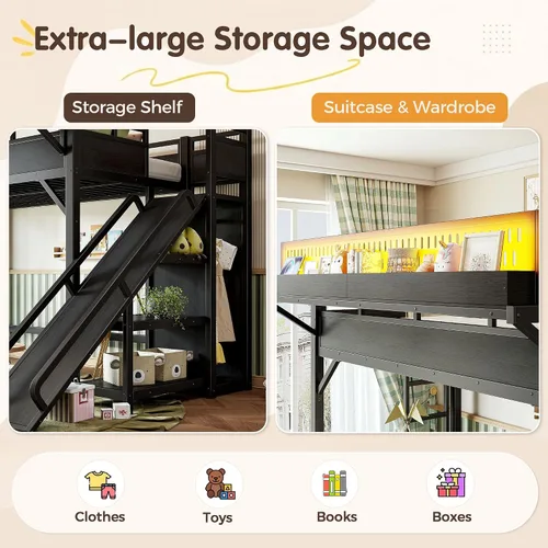 Vista 5 de Twin XL Metal Loft Bed with Slide, Black Negro