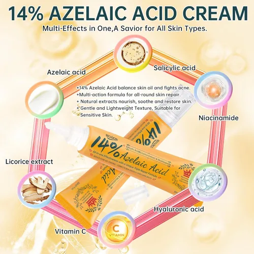 Vista 4 de BECHOICEN Crema para el acné de ácido azelaico al 14% para la cara, con niacinamida y ácido salicílico, unifica el tono de la piel y repara