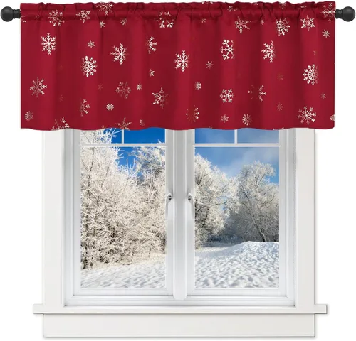 Vista 22 de Cortinas de Navidad de Nivel con Estampado de Copos de Nieve Dorados en Papel Aluminio - 36 Pulgadas de Largo, Cortinas Verdes con Bolsillo