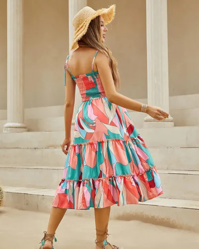 Vista 4 de Fashionme Vestido midi floral bohemio de verano para mujer, elástico fruncido, busto fruncido, lazo en el hombro, correa esférica, escalonada