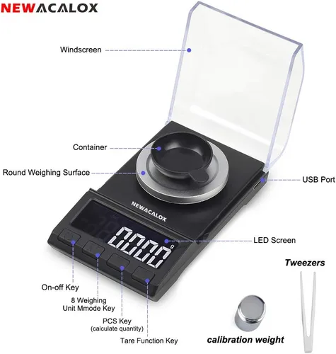 Vista 2 de Báscula miligráfica con suministro USB, báscula de recarga NEWACALOX de 100 x 0.00 oz, báscula de polvo de laboratorio multifunción portátil de alta