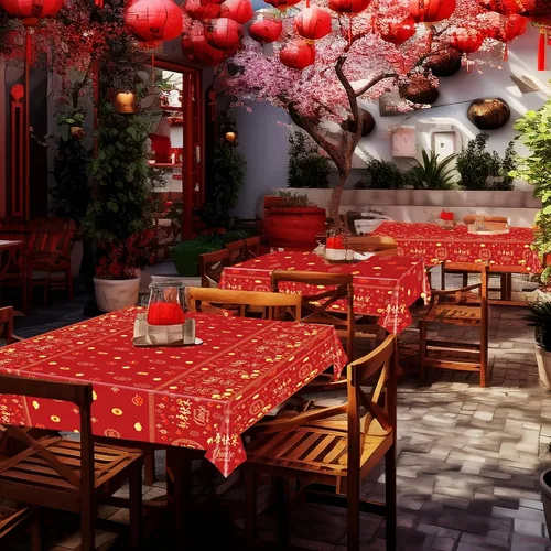 Vista 3 de 3 Manteles de Año Nuevo Chino - 54x108 Pulgadas Cubierta de Mesa de Plástico Desechable Roja y Dorada con Linternas, Estampado de Petardos