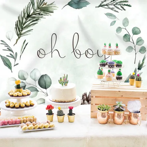 Vista 5 de Telón de fondo Oh Boy de 7 x 5 pies con vegetación para baby shower, fondo de fotografía de Navidad, hojas verdes, eucalipto botánico, decoración