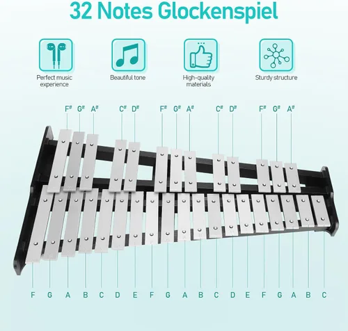 Vista 3 de Kit de percusión de xilófono Glockenspiel de 32 notas con soporte ajustable en altura, baquetas y estuche de transporte