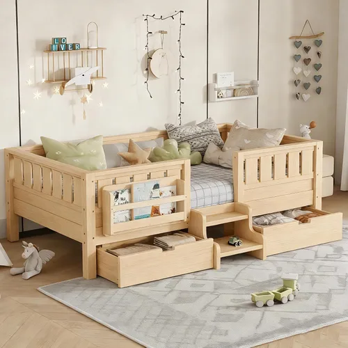Vista 18 de Bellemave Cama Montessori Twin Kids con escaleras, estantería y cajones, beige Cajón beige