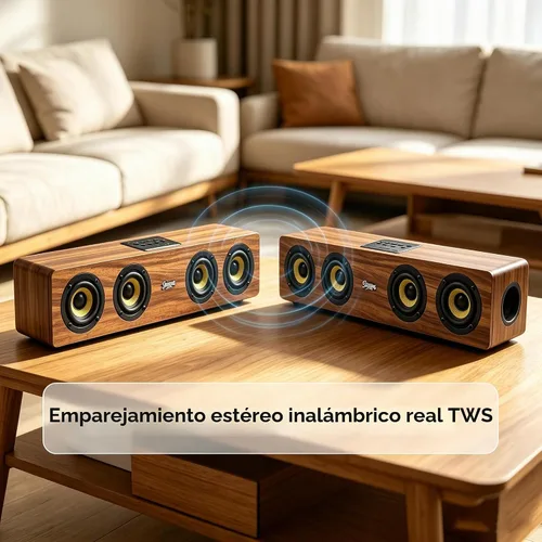 Vista 6 de Altavoz de barra de sonido portátil Bluetooth 5.3 de madera retro, estéreo de 20 W 2.0 con refuerzo de graves, emparejamiento TWS, radio