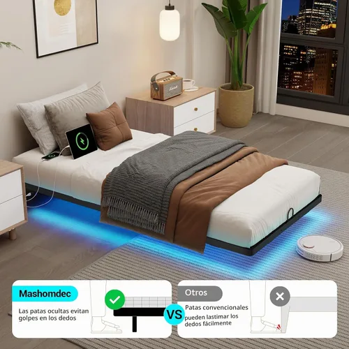 Vista 5 de Base de cama de metal flotante de tamaño individual con luces LED inteligentes y estación de carga, base de cama de plataforma de metal, no necesita
