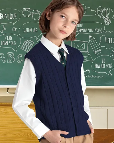 Vista 7 de BOBOYOYO Chaleco de suéter para niños, 100% algodón, chaleco para uniforme escolar, chaleco con botones para niños y niñas