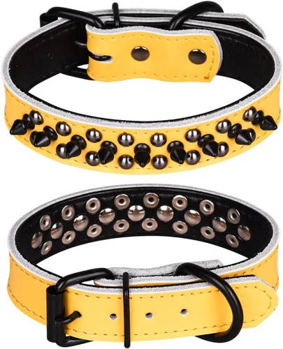 Vista 10 de Collar de perro con tachuelas, collar de perro de cuero genuino, collares ajustables para mascotas pequeñas o medianas (S, negro-1)
