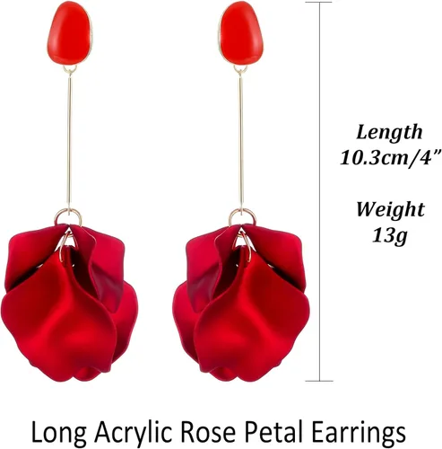 Vista 2 de Kiszu Aretes largos de acrílico de pétalos de rosa colgantes de flores bohemias, aretes de borla floral para mujeres y adolescentes, Acrílico, No es