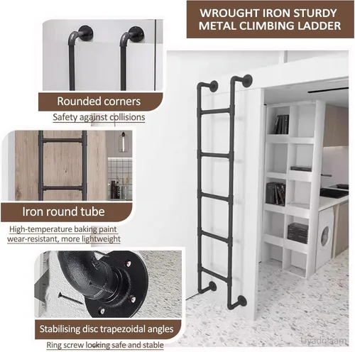 Vista 3 de Metal Twin Bed Bunk Ladder for Loft Dorm, Wall Mounted Home Attic High Bed Step Ladders Climbing Ladder 49"/51"/55"/65", Black Wrought Iron Window