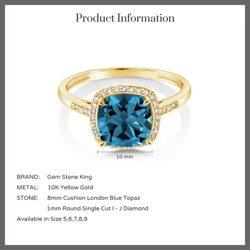 Vista 7 de Gem Stone King Anillo de compromiso de oro amarillo de 10 quilates con topacio azul Londres y diamantes para mujer