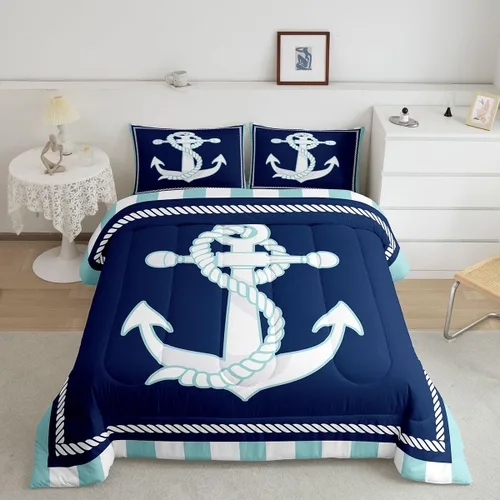 Vista 17 de Juego de edredón de brújula azul marino, tamaño individual, 2 piezas, diseño náutico de vela, estilo simple, para niños, adolescentes, adultos