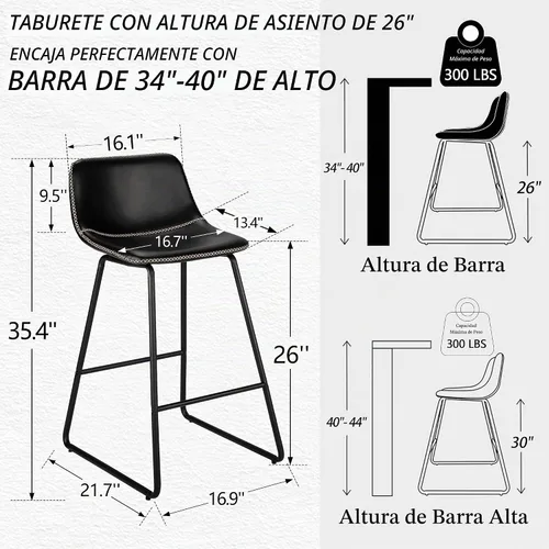 Vista 2 de HeuGah Juego de 2 taburetes de bar de piel sintética, sillas de comedor con patas de metal y respaldo suave, fáciles de montar Negro