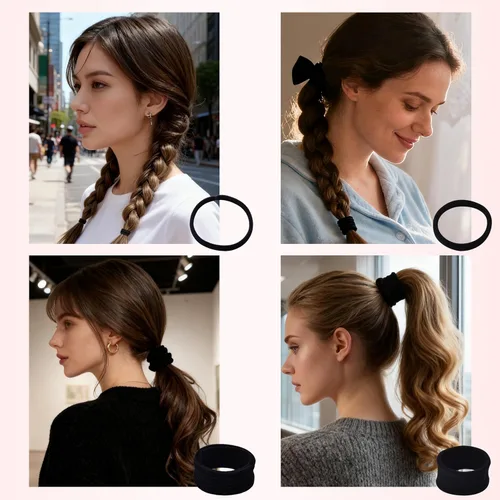 Vista 5 de 110 ligas negras para el cabello de varios estilos para mujeres, ligas elásticas para el cabello sin daños, soporte para cola de caballo