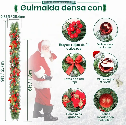 Vista 2 de Guirnalda de Navidad con luces, guirnalda de Navidad preiluminada de 9 pies con 30 luces LED para repisa, decoración de Navidad para interiores