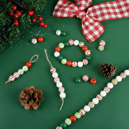 Vista 9 de 240 cuentas de madera de Navidad de bastón de caramelo, cuentas de madera de remolino de menta de Navidad, cuentas redondas de 0.630 in para Navidad