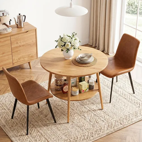 Vista 9 de HIPIHOM Farmhouse Round Oak Dining Table, 31.5 Inch Steel Legs for 2-4