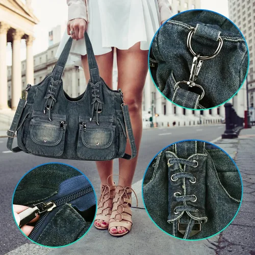 Vista 7 de Casual lavado Denim Hombro Bolsos Top Handle Señora Hobo Bolsas Mujeres Monederos y bolsos