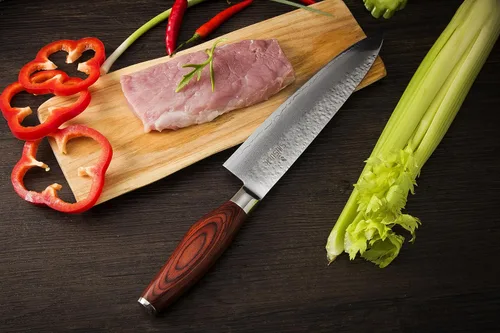 Vista 3 de Cuchillo de chef de Damasco – Acero inoxidable japonés VG10 de 67 capas de 8 pulgadas – Forjado de alto carbono – Hoja afilada de espiga completa