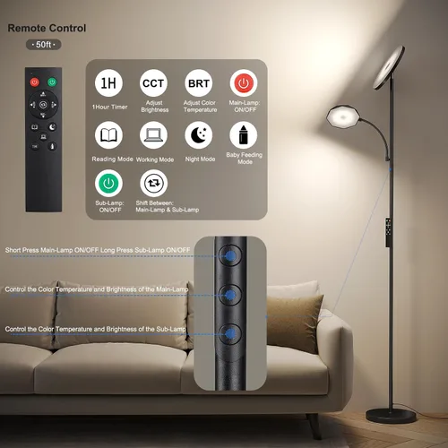Vista 4 de SUNMORY Lámparas de pie para sala de estar, 48 W/4200 lm, lámpara de pie LED súper brillante con control remoto, lámpara de pie de 69 pulgadas