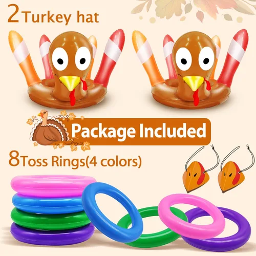 Vista 2 de Paquete de 2 juegos de lanzamiento de anillos de Acción de Gracias, juguetes inflables para niños, sombreros de pavo inflables de Acción de Gracias