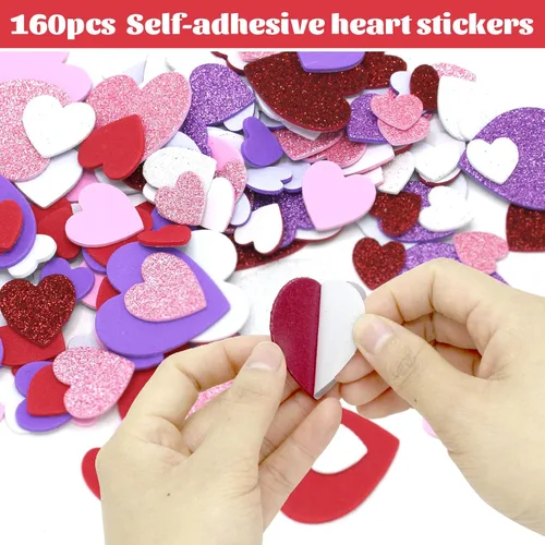 Vista 5 de Hifunwu Manualidades del día de San Valentín con 100 tapetes de corazón, 20 corazones de espuma, 2 bolsas de calcomanías de corazón de espuma y 1