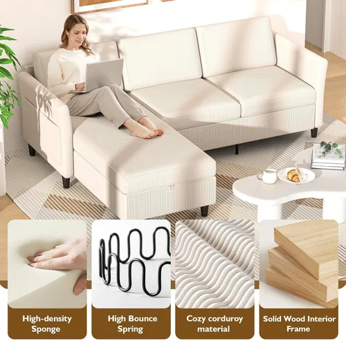 Vista 3 de Valthie - Sofá seccional convertible, sofá de terciopelo en forma de L con chaise reversible y almacenamiento, sofá de 3 plazas con bolsillo lateral