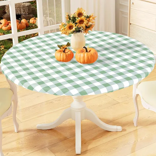 Vista 13 de misaya Mantel redondo ajustable con borde elástico, mantel de vinilo impermeable a cuadros de búfalo con parte trasera de franela para mesas Cuadros