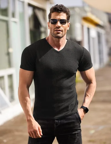 Vista 2 de COOFANDY Camisetas musculares elásticas de manga corta con cuello en V para hombre