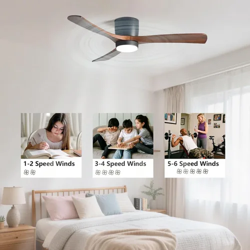 Vista 5 de Ventiladores de techo de 48 pulgadas con luces, moderno ventilador de techo negro de 6 velocidades, aspas de madera maciza con luz para dormitorio